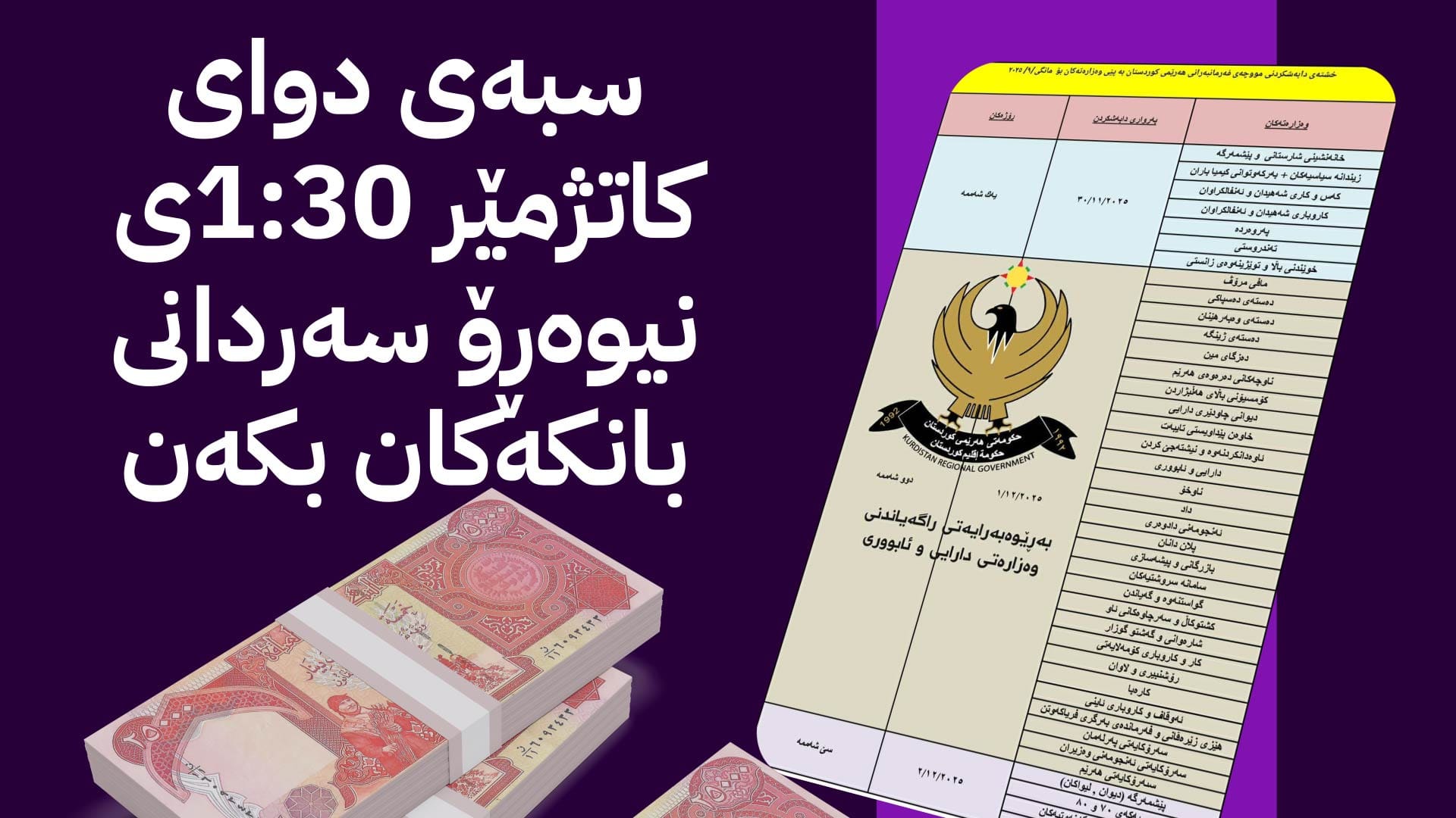 خشتەی مووچەی مانگی 9 بڵاو کرایەوە و بە سێ ڕۆژ دابەش دەکرێت